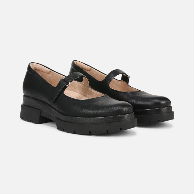 Naturalizer Women's SOUL Olivet Mary Jane Lug Flat - Black Faux Leather